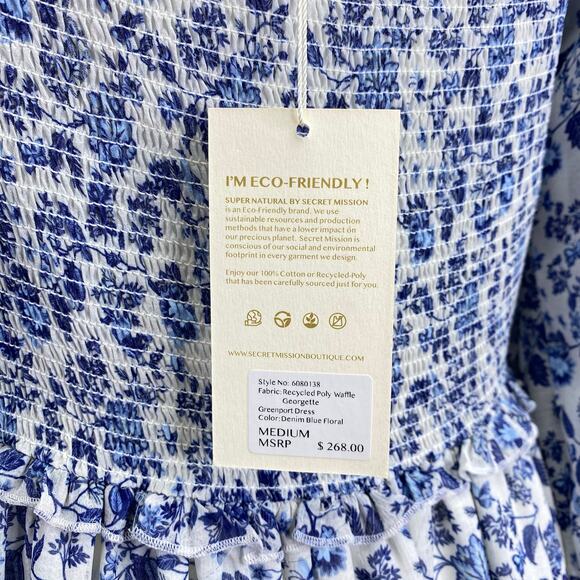 Super Natural Secret Mission Floral Chiffon Smocked Greenport Dress Blue Sz M - Picture 8 of 13